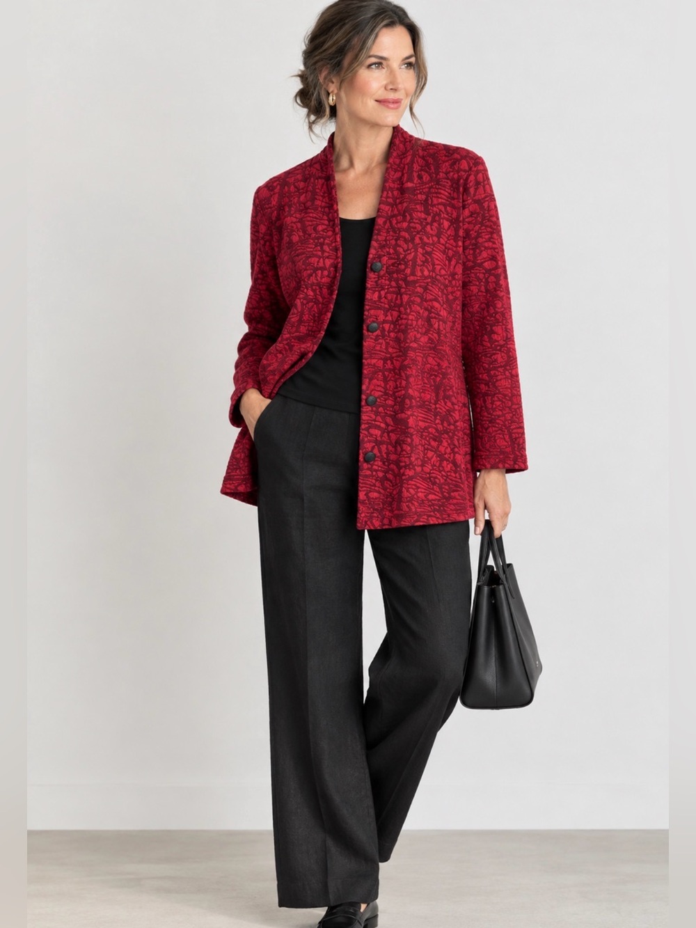 Coldwater Creek Burgundy Button Down Collarless Vneck Jacquard Knit Coatigan L